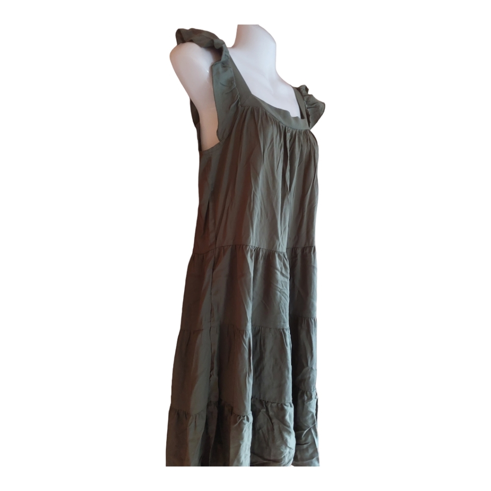 Kirundo Midi Dress Summer Sleeveless Ruffle High- Low Green Army - Picture 3 of 5